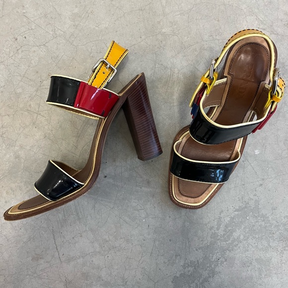 Prada Shoes - Prada Patent Leather Sandal Heels (sz 38) - red, yellow, black